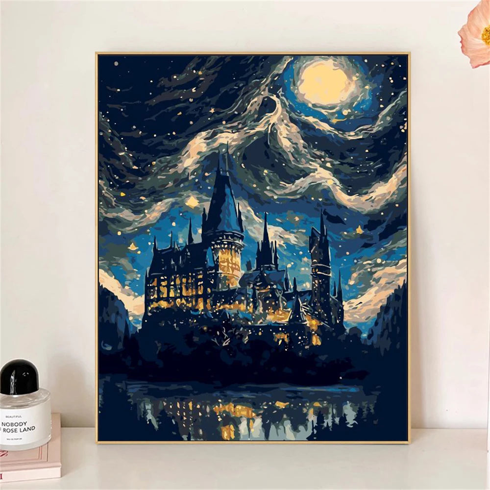 peinture numéros château secret paysage nocturne bleu noir ciel étoilé guide toile artiste