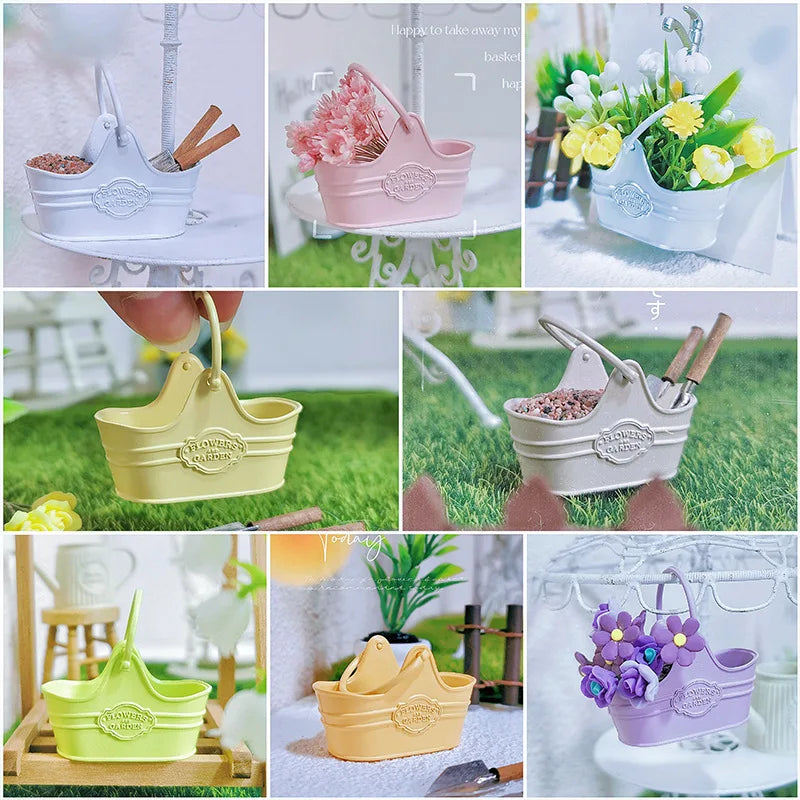 panier fleurs rose blanc jaune vert violet vintage décoratif étiquette flowers garden poignée métallique
