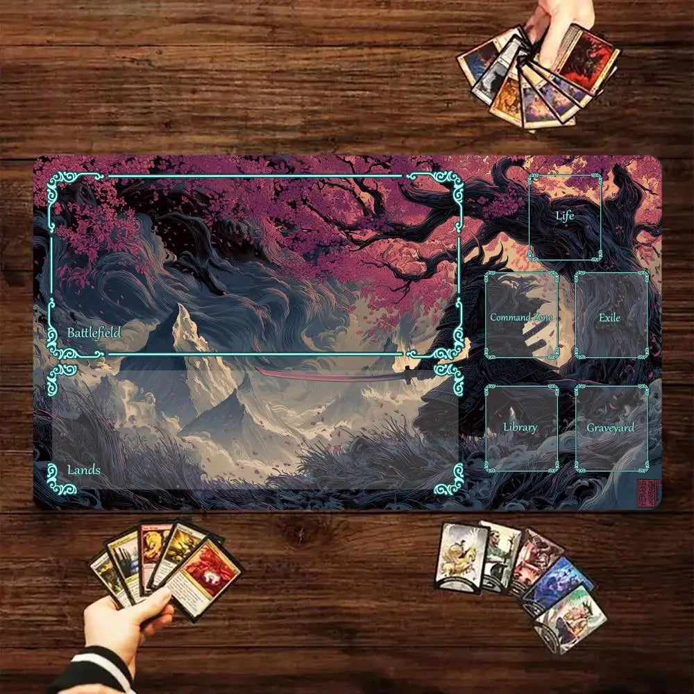 tapis jeu cartes magiques motif samouraï paysage fantastique violet rose noir blanc artistique