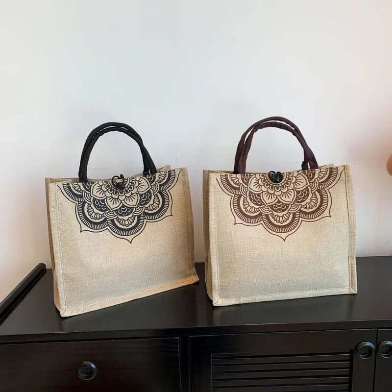 sac main toile pliable respectueux environnement bohème poignées motif mandala intérieur coeur