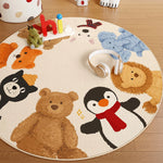 tapis rond moderne animaux dessin animé ours pingouin lion beige noir marron bleu rose