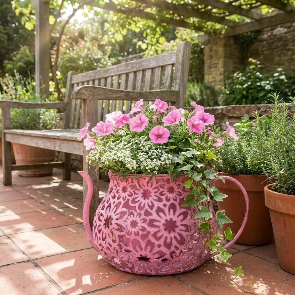 Pots fleurs vintage métal rose beige bleu clair vert marron noir fleurs découpées poignées