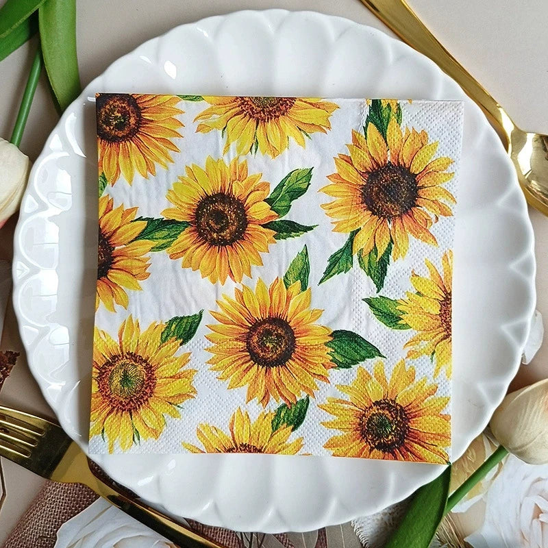 serviettes papier décoratives tournesols jaune vert blanc festives champêtres 16.5cm 33cm