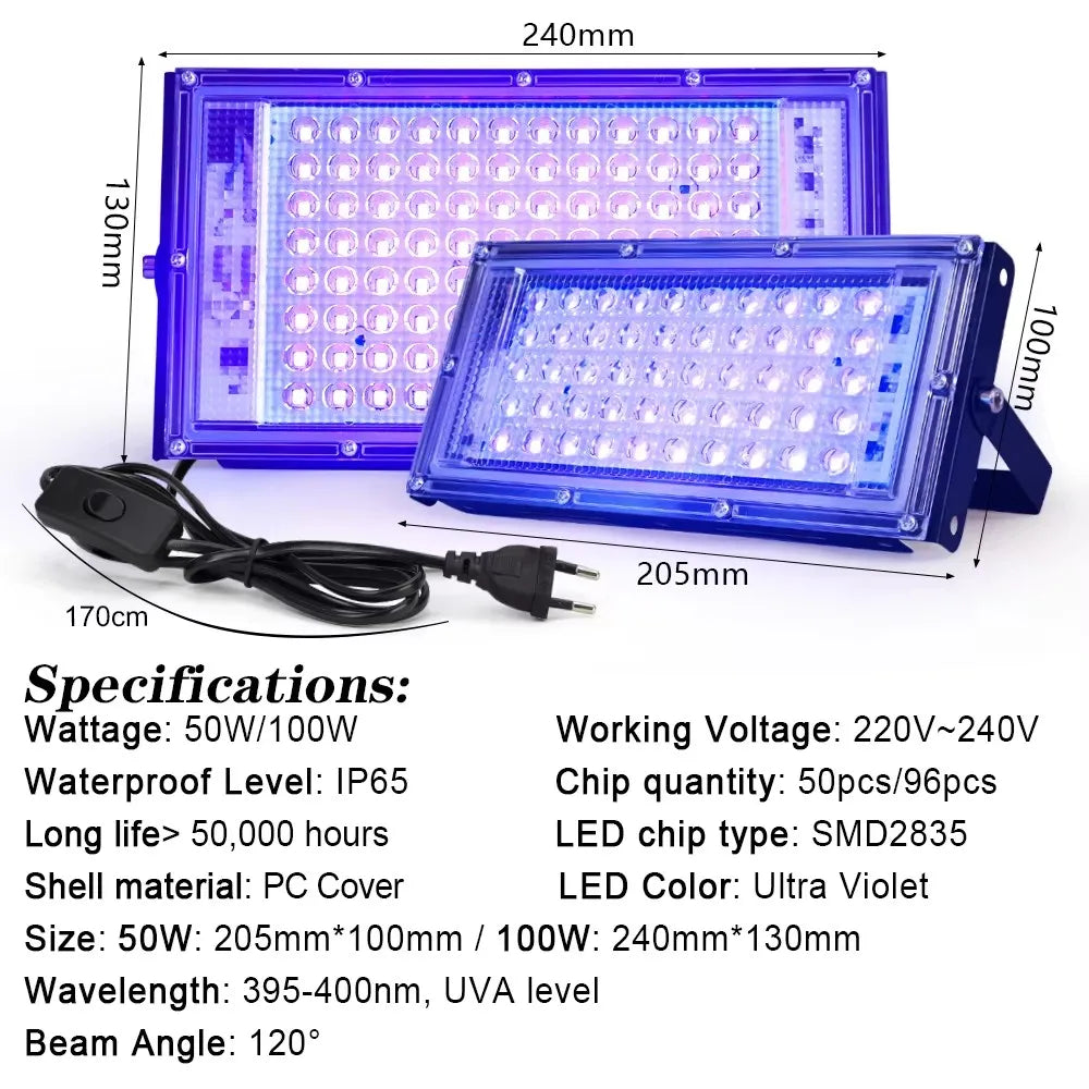 lampe uv led 100w bleu moderne câble alimentation interrupteur led chip 2835