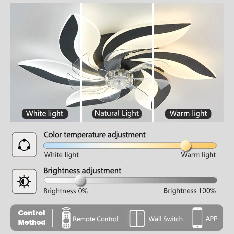 ventilateur plafonnier led moderne noir blanc feuilles stylisées six vitesses télécommande lumière variateur intensité