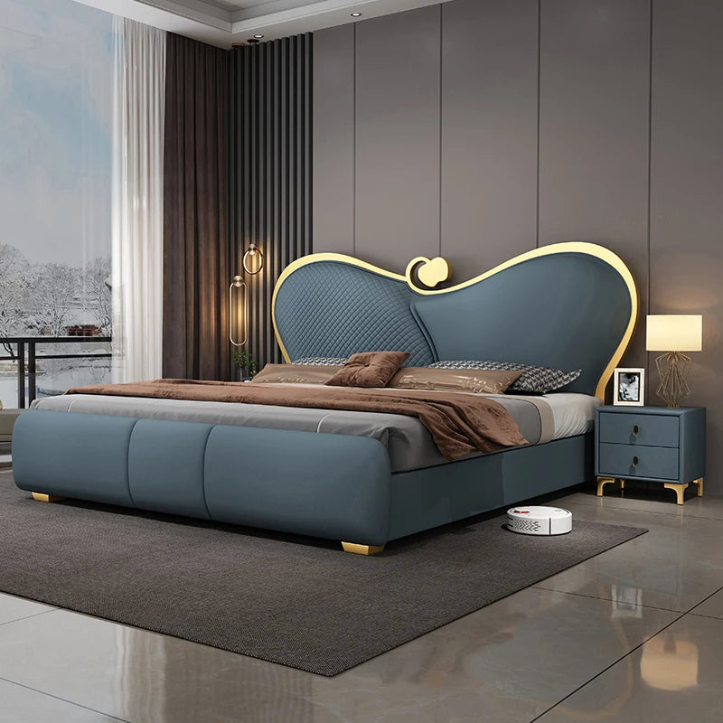 lit double moderne gris capitonné table chevet oreillers tapis luxueux