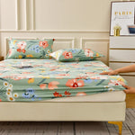 drap housse floral imprimé fleurs colorées moderne elastique oreillers assortis adultes chambre verte blanche