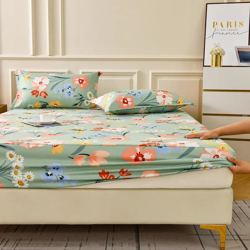 drap housse floral imprimé fleurs colorées moderne elastique oreillers assortis adultes chambre verte blanche
