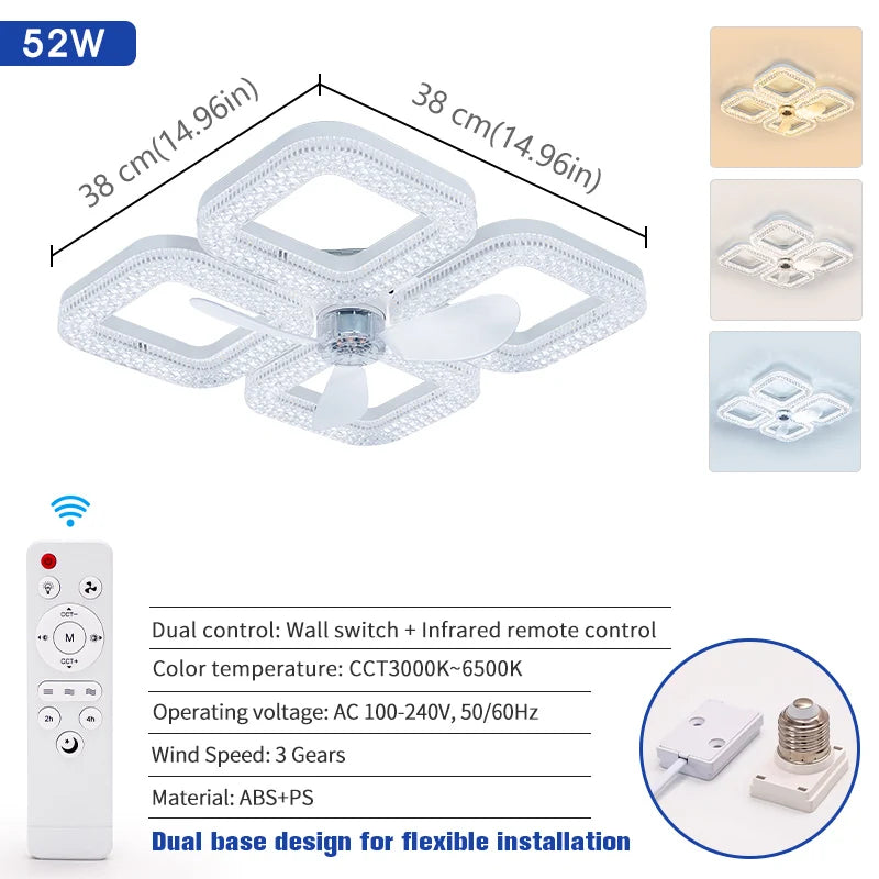 ventilateur plafonnier moderne blanc strass télécommande led vitesses minuterie lumières