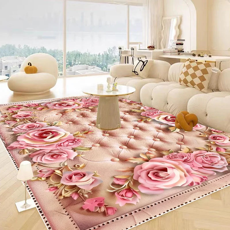 Tapis moelleux au motif de roses roses épanouies et de détails dorés, créant une atmosphère chaleureuse et élégante dans ce salon lumineux.