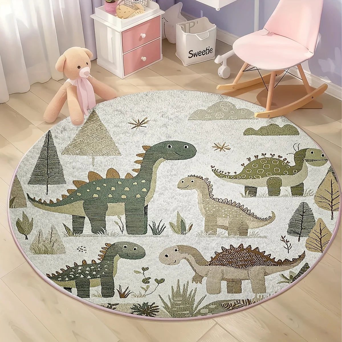 tapis rond moderne dinosaures arbres floral bébé chambre salon beige vert gris