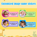 étiquettes personnalisables adhésives enfants couleurs bleu rose vert violet motifs floraux modernes textes personnalisables