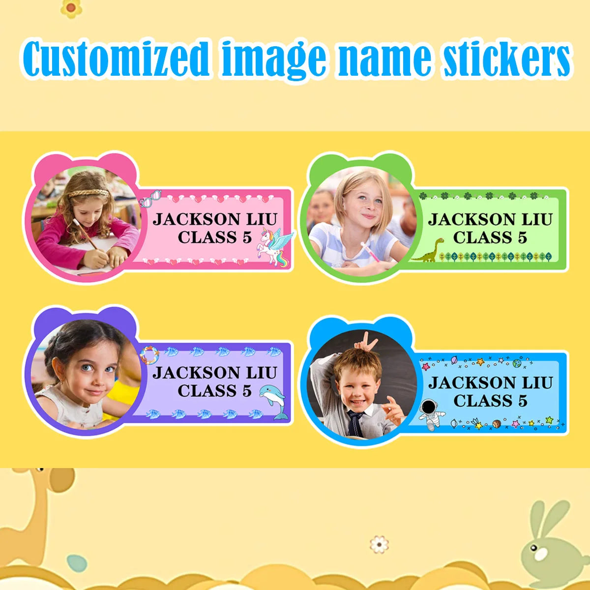 étiquettes personnalisables adhésives enfants couleurs bleu rose vert violet motifs floraux modernes textes personnalisables