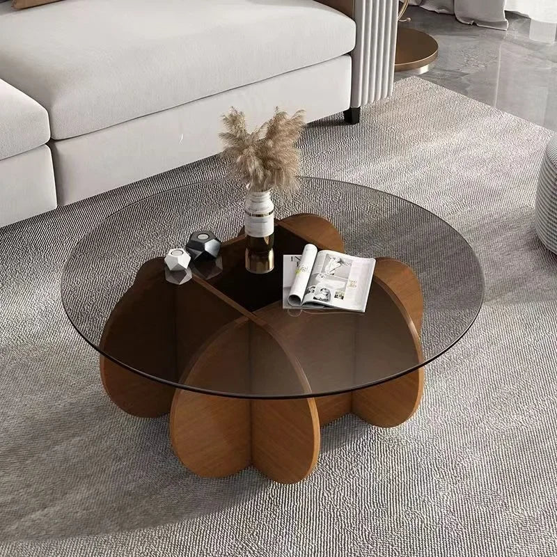 table basse moderne scandinave verre transparent structure bois géométrique marron clair decoration minimaliste