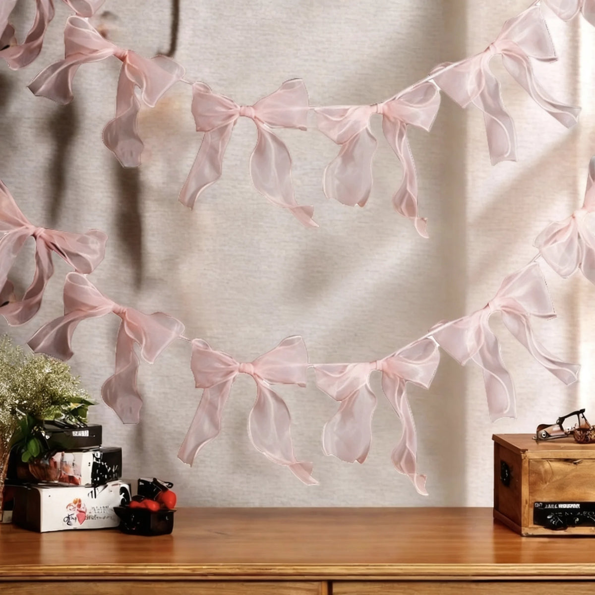 guirlande décorative festives rose noeuds tissu texturé semi transparent mariage anniversaire fille préparation naissance