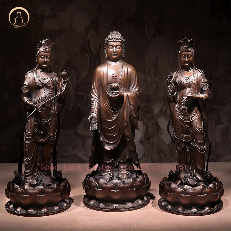 statuette bouddhiste bronze bouddha deux femmes bases lotus motifs floraux 32cm 3kg traditionnel