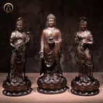 statuette bouddhiste bronze bouddha deux femmes bases lotus motifs floraux 32cm 3kg traditionnel