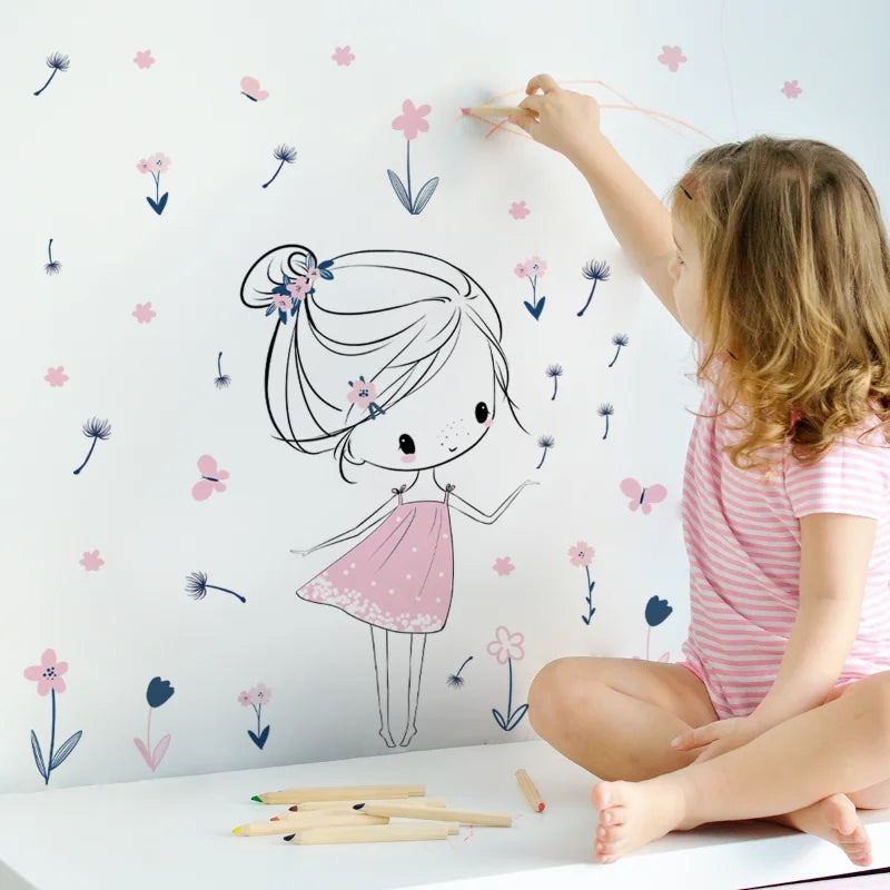 sticker mural décoration enfantine fille dandelins nuages balançoire dessin animé pvc adhésif chambre rose