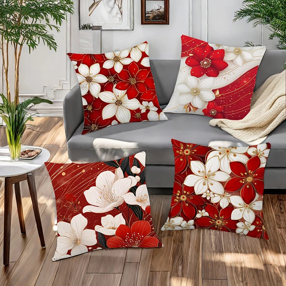 taies d'oreiller fleurs rouges blanches moderne opaques lit décoration maison 45x45cm adhésif