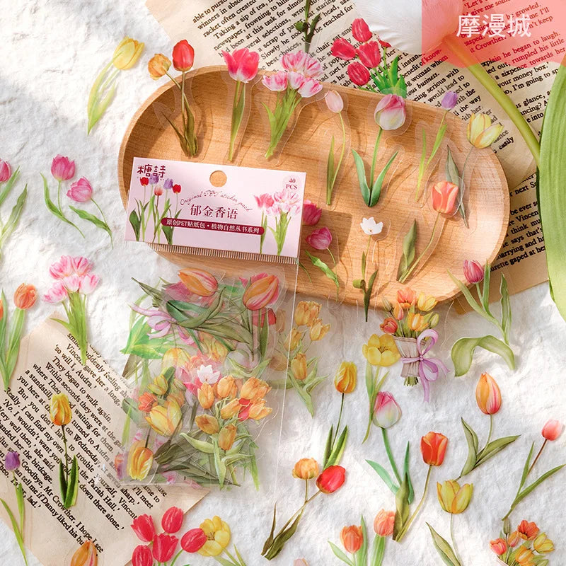 sticker décoratif vintage feuilles fleurs transparents nature adhésif scrapbooking journal intime album
