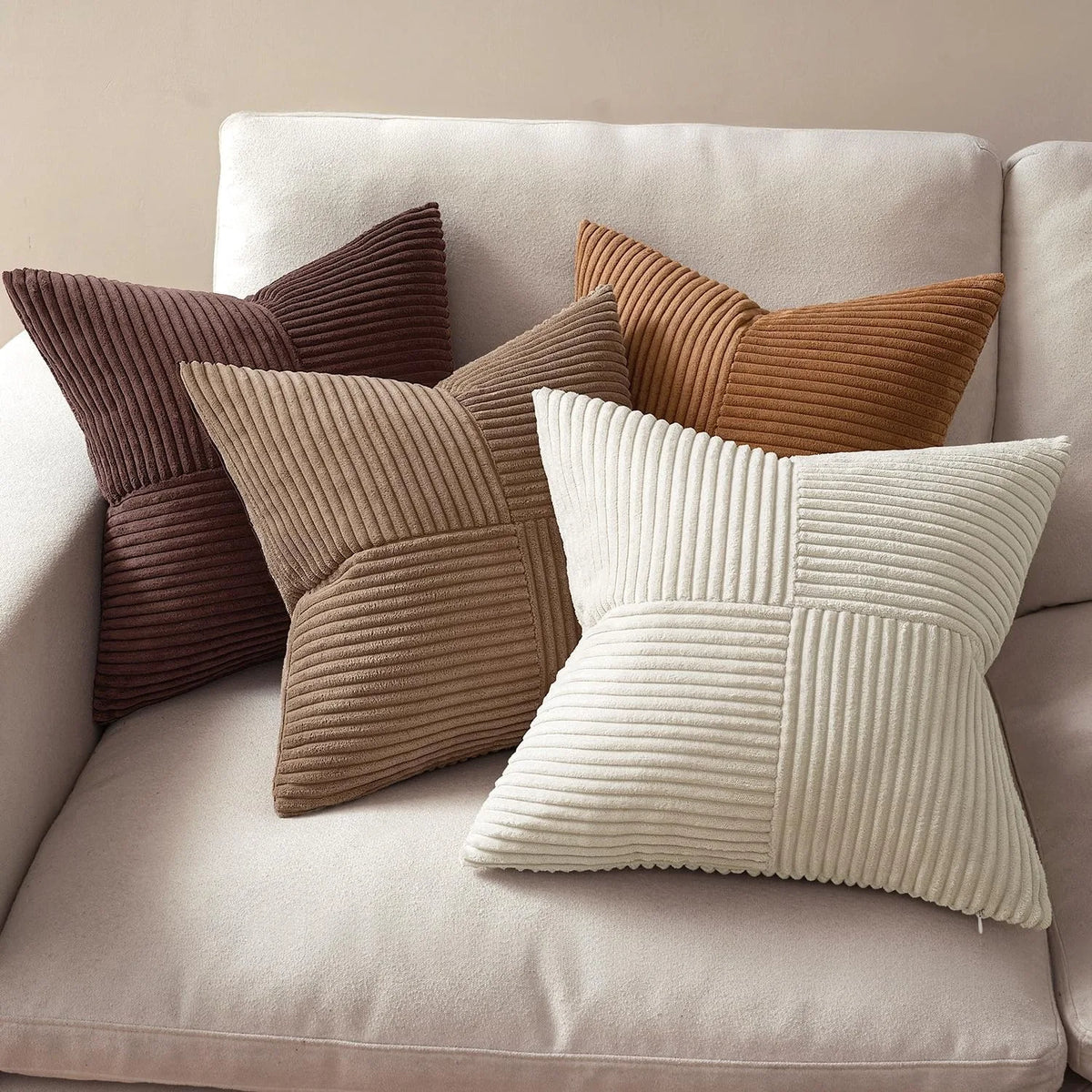 coussins décoratifs rayés beige marron moderne 45x45cm polyester coton