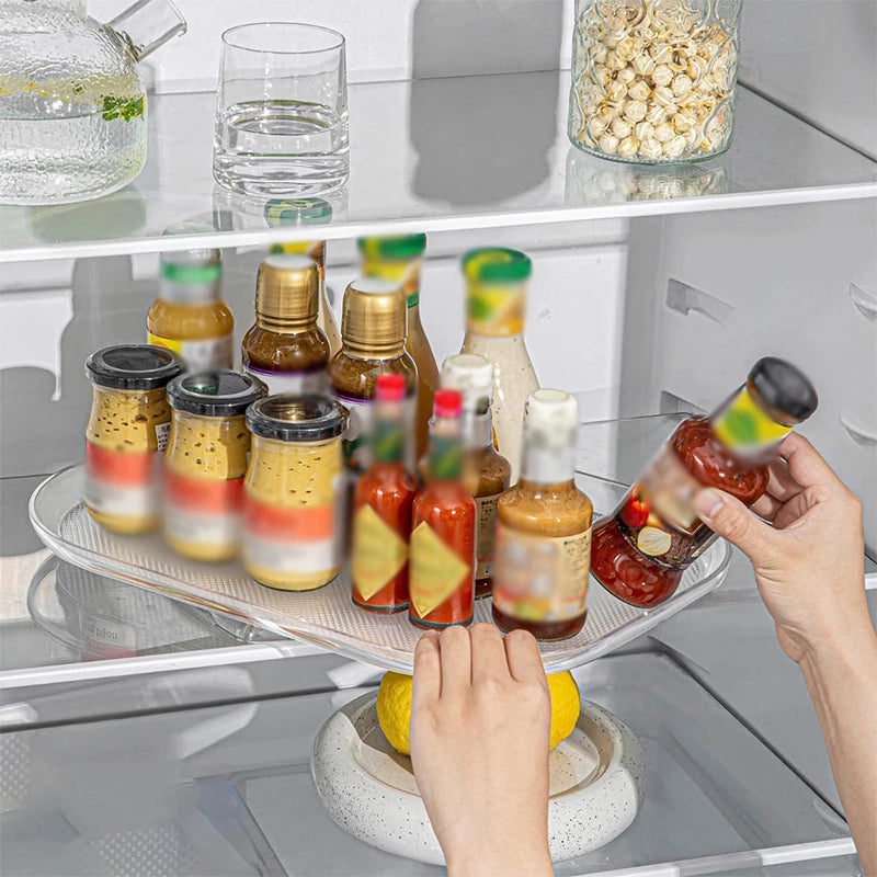 support rangement transparent moderne réfrigérateur système succion rotatif gain place