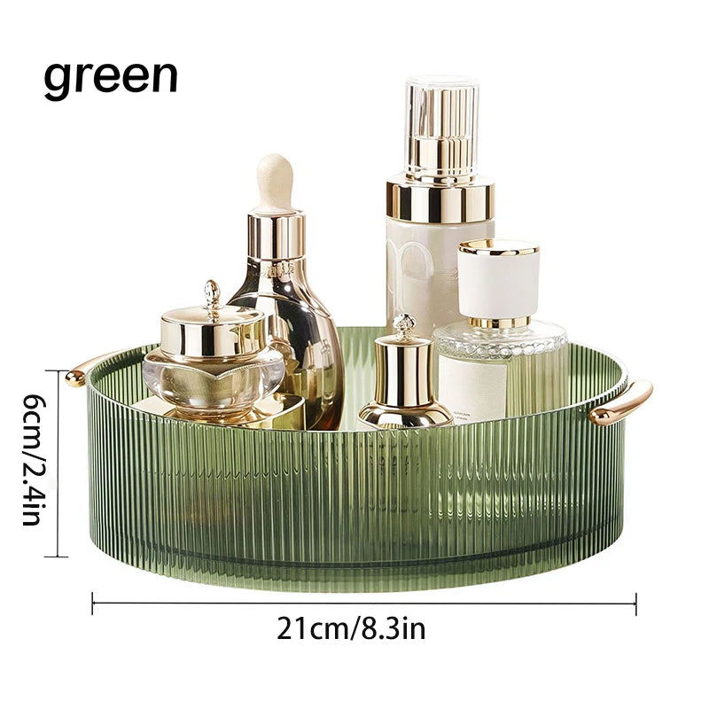 organisateur cosmétiques transparent moderne poignées dorées flacons lotion parfum crème nettoyant sérum baume moussant