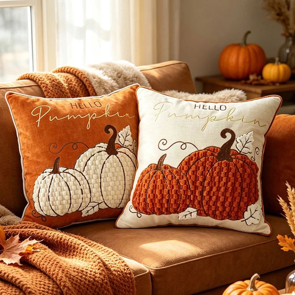 coussin orange beige citrouilles feuilles broderie 3d automnal zippé invisible décoratif atelier maison