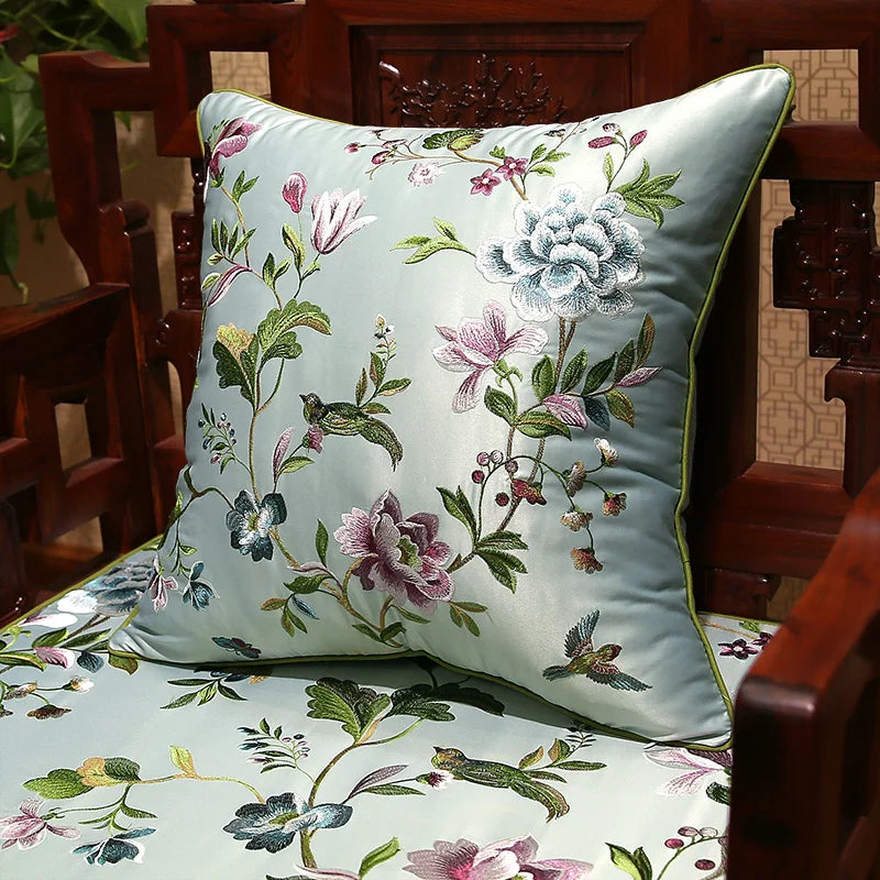 coussin carré motif floral oiseaux vert satiné salon chambre coucher nouvelle décoration chinoise