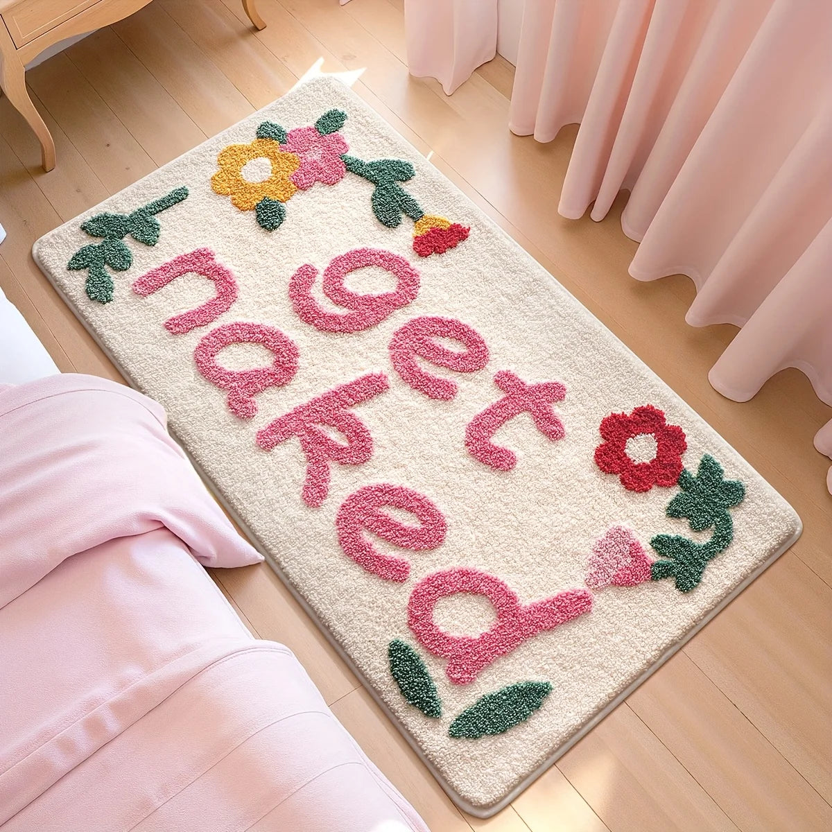 tapis bain crème get naked brodé fleurs deco humoristique résistant antibactéries polyester moderne