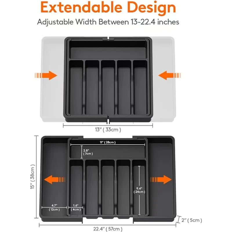 organisateur tiroir cuisine extensible compartiments ajustables rangement couverts ustensiles blanc gris moderne