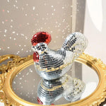 statue coq miroirs argentée rouge décoration festive anniversaire intérieur scintillante mosaïque dimension 17cm 13.5cm