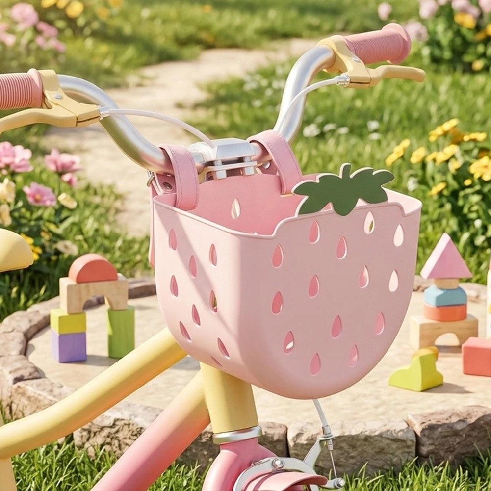 panier vélo enfant rose clair fraises blanches mignon noirs plastique facile
