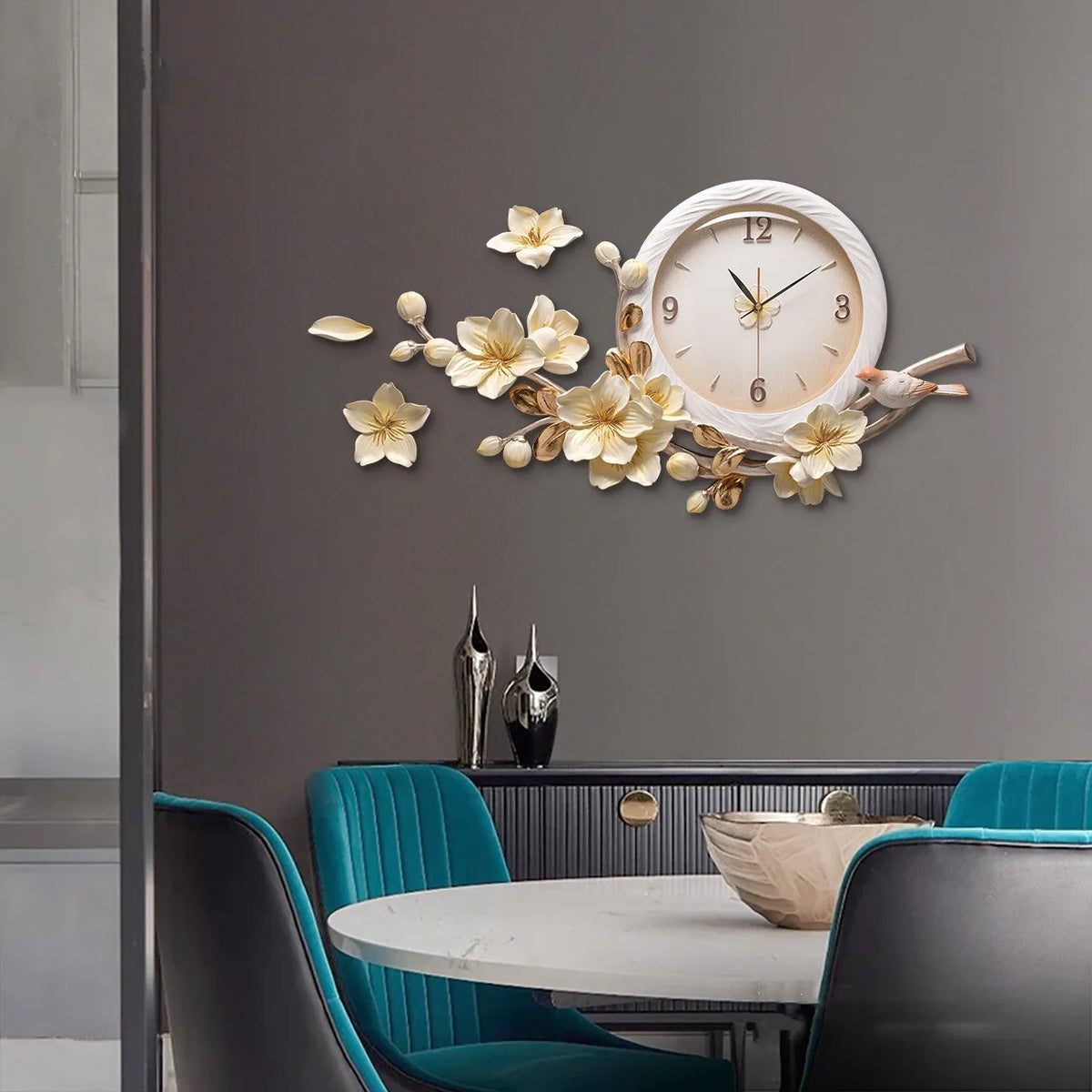 horloge murale moderne fleurs dorées blanches peinte main nordique opacité aluminium cuivre fixation
