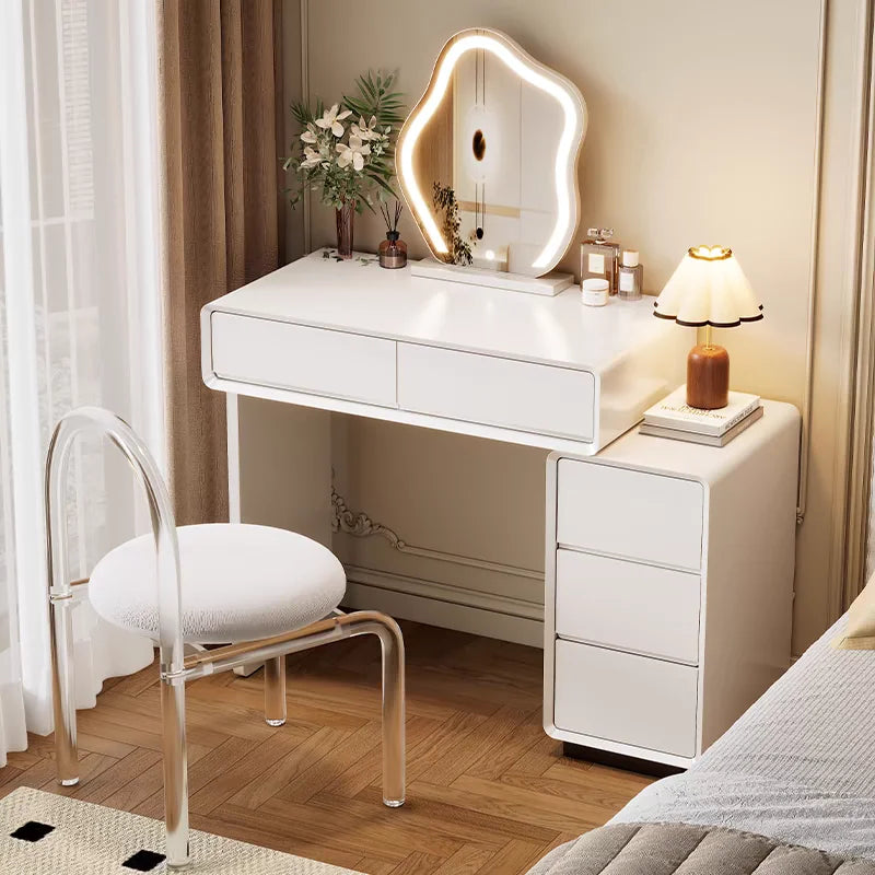 maquillage blanc moderne miroir ovale tiroirs accessoires lampe tabouret minimaliste