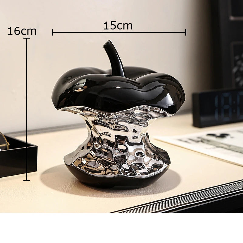 pomme céramique argentée sculpture contemporaine décoration intérieure moderne pièce unique table ornement noir brillant