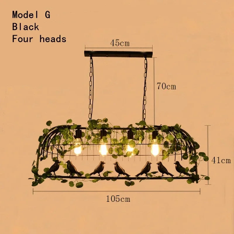 suspension lumineuse vintage oiseaux métal feuilles vert ampoules noir doré rustique