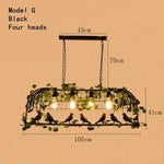 suspension lumineuse vintage oiseaux métal feuilles vert ampoules noir doré rustique