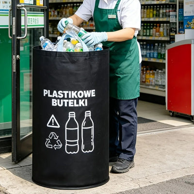 poubelle pliable tri sélectif bouteilles plastique recyclage graphisme moderne poignées noire