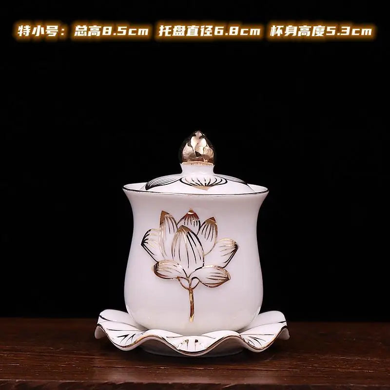 pot thé céramique décoratif bouddhiste lotus blanc jaune rouge soucoupe dorée