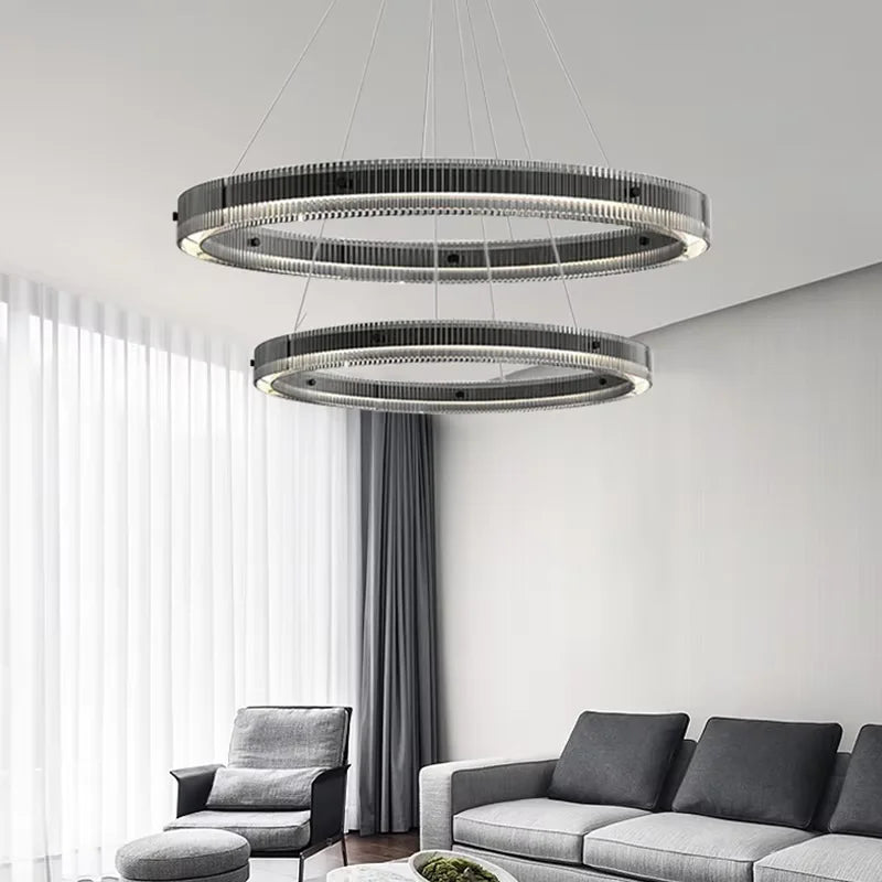 suspension circulaire moderne noir rayures horizontales opacité chaînes suspendues salon cuisine chambre principal