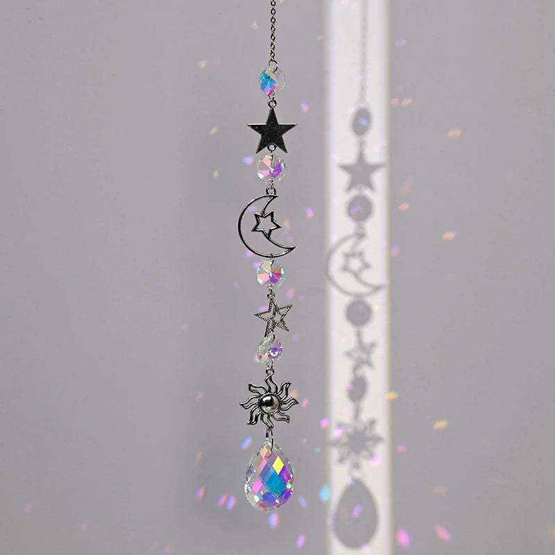 pendentif boho cristal multicolore soleil lune étoiles cosmique or argent