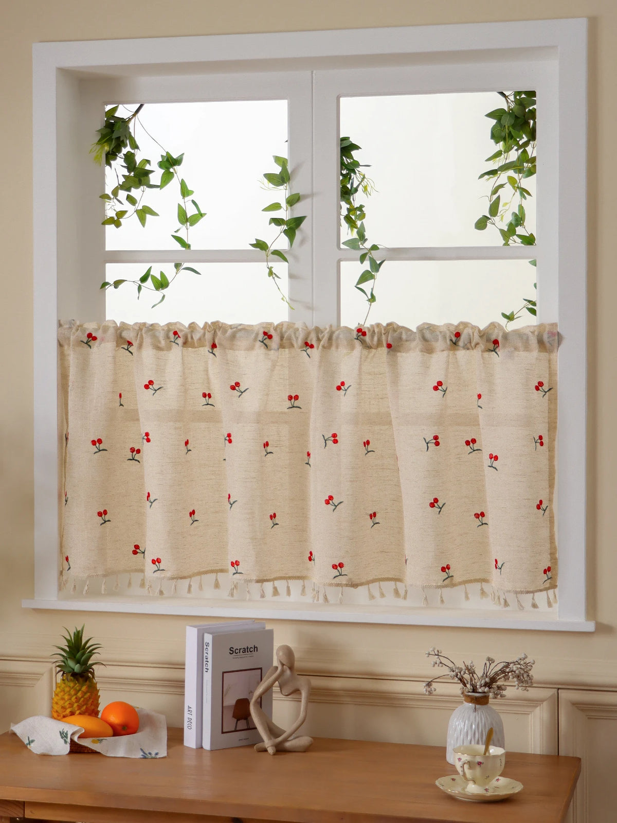rideau lin brodé fleurs rouge vert beiges opaques tassels chambre cuisine 100x60cm 150x60cm 180x60cm