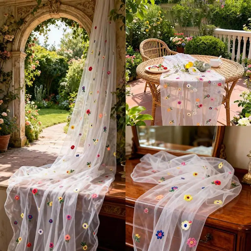 nappe tulle brodée fleurs multicolores transparent romantique décoration table mur chambre salon