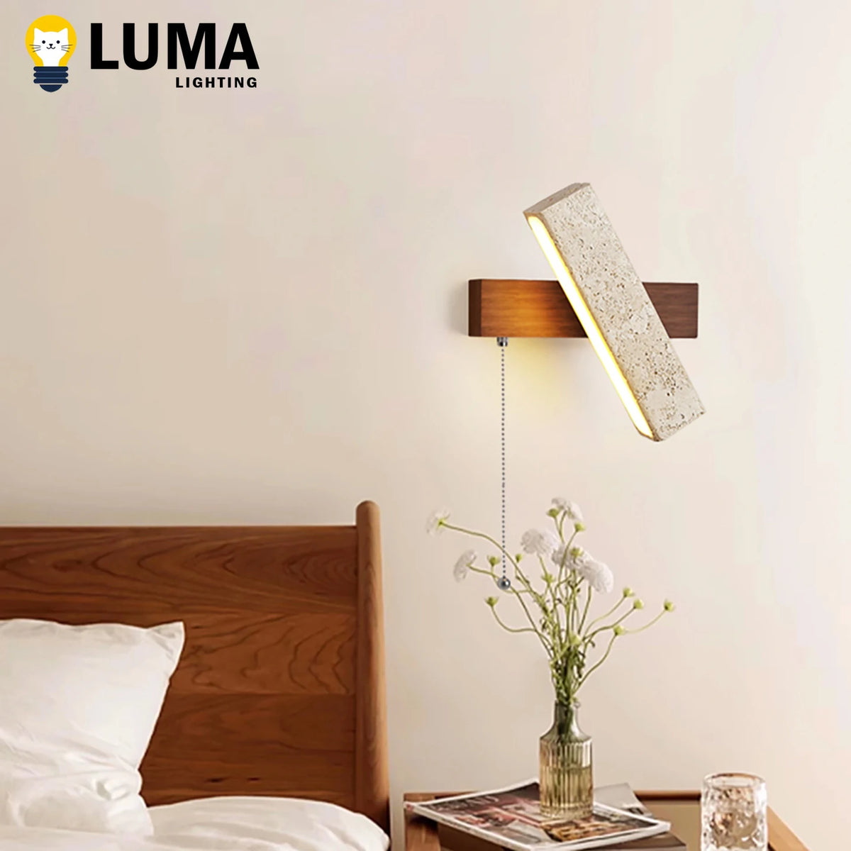 lampe murale led moderne minimaliste pierre bois marron clair interrupteur texture granitique