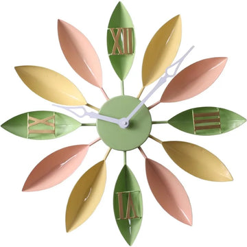 horloge murale moderne bleu doré feuilles stylisées aiguille métal 73cm salon decoration