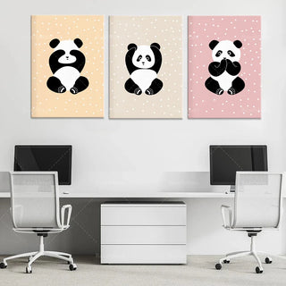 tableaux pandas expressionns différentes fond points blancs decoration moderne enfantine trois pieces différentes tailles
