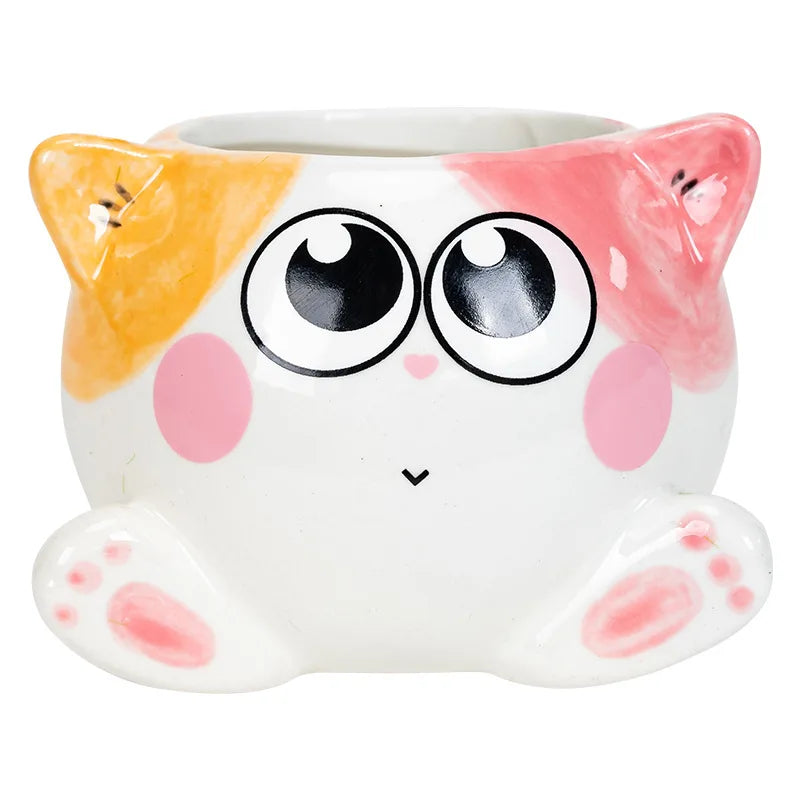 cache pot forme chat cartoon miniature deco plante verte blanc rose orange