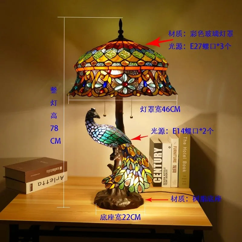 lampe table art nouveau multicolore verre opalescent motifs floraux oiseau sculpté base métal abat