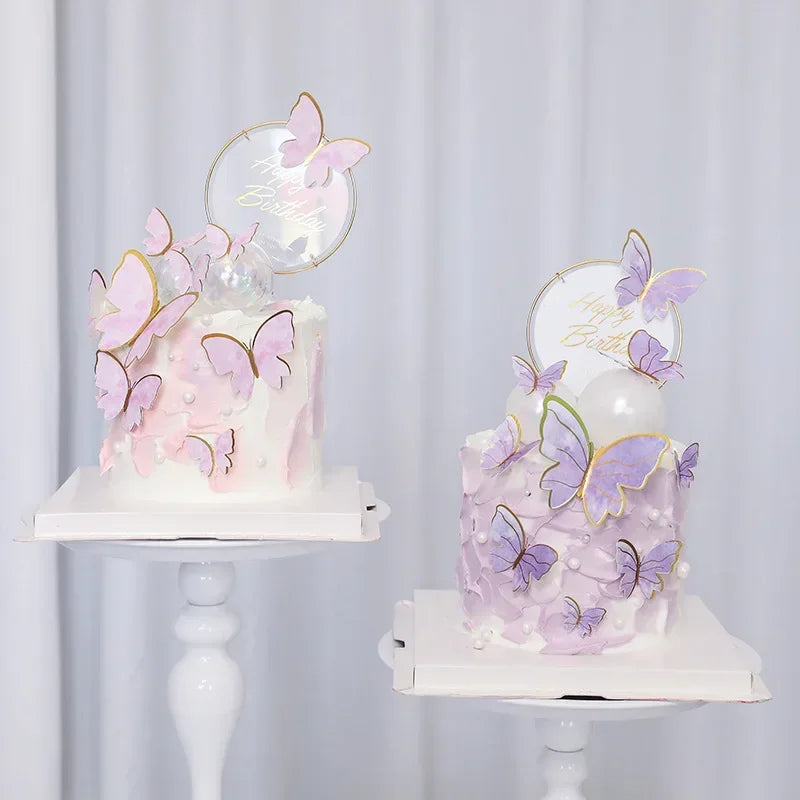 décoration gâteau anniversaire papillon rose pâle doré transparent cercle happy birthday best wishes mariage